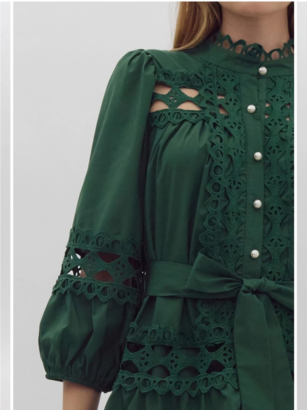ENTRO Green Long Sleeve Lace-Trim pearl Button Front Dress - Picture 8 of 10